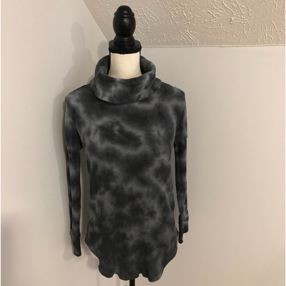 Anthropologie Maeve Ainsley Cowl Neck Gray/Black Tie Dye Thermal Top - EXSM - Picture 2 of 11